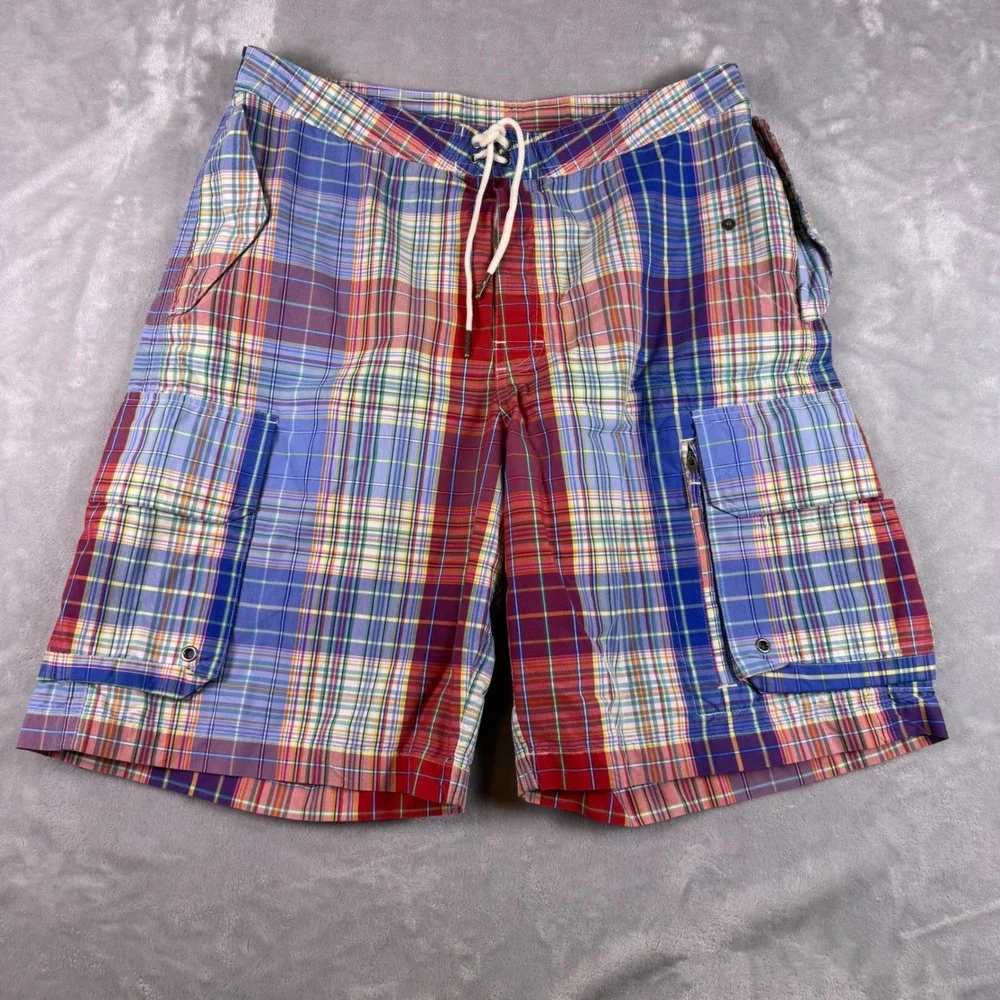 Polo Ralph Lauren Mens Plaid Cargo Board Shorts Multicolor Swim Trunks‎ Size 33